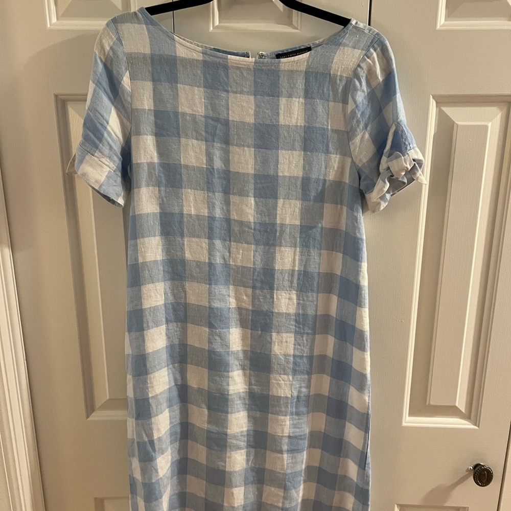 Saks Fifth Avenue Blue and White Midi Dress with Bateau Neckline